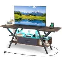 Costway Support TV, Lowboard pour téléviseur 65 pouces, table console à 3 niveaux avec lampes LED, prises de courant, compartiments de rangement & tiroir en tissu, marron