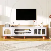 Fortuna Lai Armoire TV Table de télévision, buffet TV avec porte en rotin, 3 zones ouvertes en arc, lowboard avec poignées dorées et pieds en bois