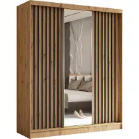 MargaretHadas24 Armoire Erika de 180 cm avec lamelles et miroir, 3 portes coulissantes, penderie, livraison à domicile (couleur : Artisan, Artisan, lamelles noires)