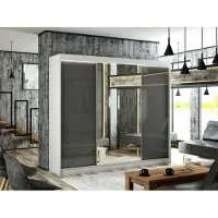 MargaretHadas24 Armoire Venus 250 cm avec 3 portes coulissantes et miroir Livraison à domicile Tringle à vêtements Penderie Armoire (couleur : blanc, lacobel gris)