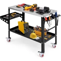 Costway Table de soudage mobile 92x46 cm, établi de soudage avec φ trous de 1,6cm, support d'outils, 8 fentes pour outils & 2 supports de buses de soudage, jusqu'à 540kg