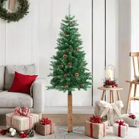 Prolenta Maison Exclusive - Sapin de Noël élancé en bois véritable et pommes de pin, vert, 150 cm, PVC