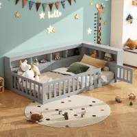 Merax Lit de jour 90x200cm, Lit de jour avec compartiment de rangement et balustrade, Canapé-lit avec prise électrique et USB, Lit d'enfant, Lit d'adolescent, Gris