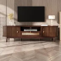 Merax Armoire TV en rotin de style rustique, TV Lowboard avec portes coulissantes et tiroirs, support TV jusqu'à 70 pouces avec pieds en bois massif, noyer