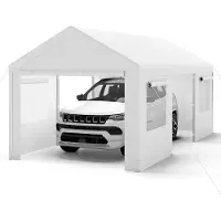 Costway Tente de garage Carport, 586x305cm Pavillon Tente de garage résistante à l'hiver, tente de stockage avec parois latérales amovibles, portes à enroulement & fenêtres ventilées blanc