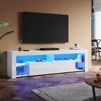 Sonni Armoire TV Blanc brillant 180 x 35 x 50.5cm Équipée d'une bande lumineuse RGB et d'un meuble de rangement