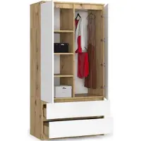 BDW , Armoire 2 portes, 2 tiroirs, 180x90x51 cm, Garde-robe, Chêne Artisan / Blanc