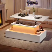 Merax Table basse moderne brillante avec éclairage LED, 4 tiroirs et plateau coulissant, table d'appoint avec espace de rangement, blanche