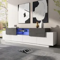 Merax LED Armoire TV 180x40x45 cm, Lowboard pour 40-80 pouces TVs, meuble TV en blanc +gris aspect marbre, étagère en verre, 2 tiroirs, 4 portes, éclairage RGB