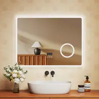 Emke Miroir de salle de bain avec grossissement 3X Interrupteur tactile 3 couleurs de lumière Variable Horloge antibuée Bluetooth 80X60cm