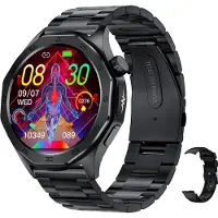 Douself ET480 Smartwatch, montre de sport, écran 1,43 pouces, traqueur de fitness, Bluetooth 5.2, plusieurs modes de sport, bracelet en acier + bracelet en silicone, noir