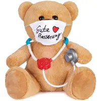 Ed Brubaker Ours en peluche avec masque et stéthoscope - Bon rétablissement - Ours en peluche médecin de 35 cm - Peluche câline - Marron clair
