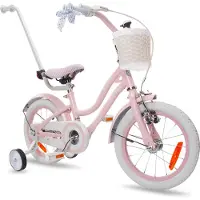 Sun baby Vélo pour filles Heart Bike 14 pouces, à partir de 3 ans, avec roues d'appoint, barre de poussée amovible, panier, sonnette, frein à rétropédalage et frein V-Brake