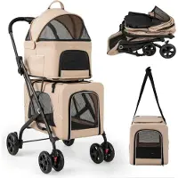 StarTech.com Poussette pour chien/landau pour chien - Poussette pour animaux domestiques - 3 en 1 - 2 niveaux - Fenêtres en filet, poches et rembourrage - Tissu Oxford et cadre métallique - Jusqu'à 16 kg - Beige