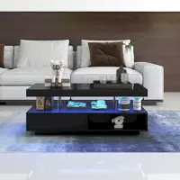 Merax Table basse avec 2 tiroirs et espace de rangement, Table d'appoint brillante Table de salon avec LED incl. APP, Table de salon 95x42,5x50cm, Noir