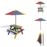 vidaXL Table de pique-nique pour enfants avec bancs Parasol Bois multicolore - Tables de jardin
