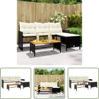 The Living Store Canapé de jardin en L avec table et coussins Noir Poly Rattan