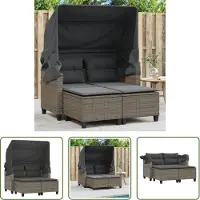 The Living Store Canapé de jardin 2 places avec toit et tabourets Gris Poly rotin