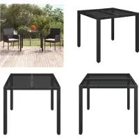 vidaXL Table de jardin avec plateau en verre Noir 90x90x75 cm Polyrotin - Table de jardin avec plateau en verre - Tables de jardin avec plateaux en verre - Meubles de jardin - Table à manger