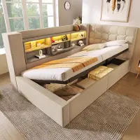 Flieks Canapé-lit hydraulique 90x190cm avec espace de rangement, lit rembourré avec USB, lit pour adolescent avec Led et compartiments de rangement ouverts, lit simple lin, Beige