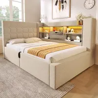 OKWISH Lit Coffre 90x200 cm - Lit Simple Capitonné Ado avec LED, Ports USB Type-C et Tête de Lit Rangement - Sans Matelas - Lin Beige