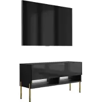 3Xeliving Meuble TV bas de 100 cm, finition noir mat / noir brillant, avec pieds dorés