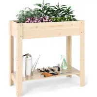 Costway Bac surélevé avec étagère & drainage, Bac de jardin surélevé en bois, Bac à plantes, Bac à légumes Bac à herbes aromatiques grand 81 x 37 x 77 cm Naturel