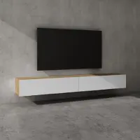 Doporro Meuble TV Bas 240x40,2x30cm Armoire TV Marron Clair + Blanc Mat Table de Télévision Salon avec Portes Meuble TV Suspendu MBTV02