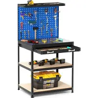 Costway Etabli Table de travail jusqu'à 225kg avec paroi perforée, tiroirs, étagères & 20 crochets de suspension, banc d'outillage 81x41x156 cm Bleu