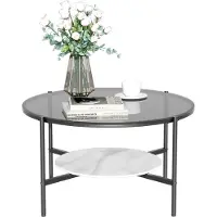 WISFOR table basse ronde en verre trempé+marbre+métal, table de salon en verre table basse, avec 2 étagères Design moderne, Gris