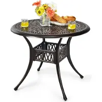 Costway Table de jardin avec trou pour parasol, Ø90x72cm table ronde de balcon en fonte d'aluminium, table de terrasse résistante aux intempéries, aspect antique
