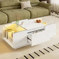 Merax Table basse 105x50x35 cm, table de salon moderne avec éclairage LED et plateaux en verre, table de salon avec 2 tiroirs et compartiments de rangement, blanc