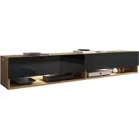 MINIO go for it , armoire TV, TV-Lowboard, "ANNE", 180cm, debout, suspendu, avec éclairage LED, Chêne Wotan/ couleur noir brillant