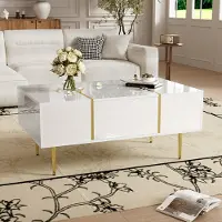 Merax Table basse moderne en blanc brillant, 2 tiroirs, avec accents dorés et éléments métalliques dorés, table basse pour 100 x 60 x 41,5 cm