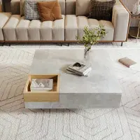 Fortuna Lai Table basse Table d'appoint avec boîte de rangement amovible, gris béton et couleur bois, 72*72*30 cm