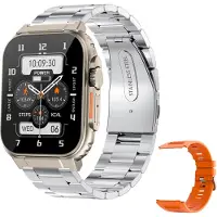 Vislone A70 Smartwatch à écran IPS de 1,96 pouce, étanche IP68 | BT5.0 | surveillance du sommeil | lecture de la musique | mode sport, bracelet en acier argenté + bracelet en silicone orange