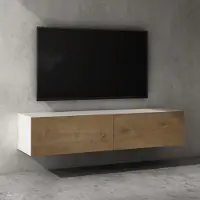 Doporro Meuble TV Bas 140x40,2x30cm Armoire TV Blanc Mat + Marron Clair Table de Télévision Salon avec Portes Meuble TV Suspendu MBTV02