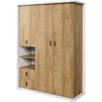 MINIO go for it , Armoire, "SIMI", Armoire à portes battantes, 150cm, 3 portes, 2 tiroirs, Couleur blanche / Natural Hikora