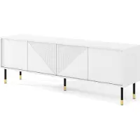 Homlando Meuble TV WOODY WHITE 4D 180 cm BLANC MAT - façades en MDF rainurées - meuble TV sur pieds