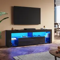 Sonni Armoire TV Noir brillant 160 x 35 x 45cm Équipée d'une bande lumineuse RGB et d'un meuble de rangement