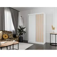 MargaretHadas24 Armoire Lili à lamelles 120 cm avec 2 portes coulissantes Armoire à portes coulissantes Tringle à vêtements Penderie Armoire Livraison à domicile (Couleur : blanc, blanc, lamelles wotan)