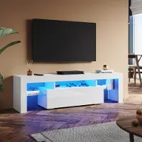 Sonni Armoire TV Blanc brillant 160 x 39 x 30cm Équipée d'une bande lumineuse RGB et d'un meuble de rangement