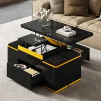 Merax Table basse réglable en hauteur avec 4 tabourets, Table de salon pliante aux accents jaunes frais, Table de salle à manger noir brillant