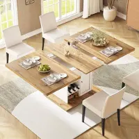 Flieks Table de salle à manger extensible, table télescopique avec armoire, table 110-140x80x75 cm, table de cuisine rectangulaire, couleur bois et blanc