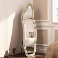 UnboxG Miroir intégral 160x50 cm, miroir à poser & miroir mural, miroir de sol asymétrique bombé avec cadre en bois de flanelle