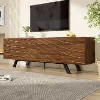 Merax Armoire TV avec façade ondulée, TV Lowboard avec pieds en fer et gestion des câbles, support TV en MDF pour le salon et l'entrée, noyer
