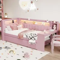 Flieks Lit d'adolescent avec Led et Usb, Lit de jour lit simple avec étagère, Lit en bois Lit classique avec bureau et lit gigogne, Lit d'enfant Rose