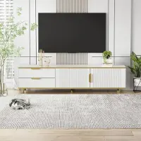 Merax Buffet bas avec portes et tiroirs, meuble TV avec pieds métalliques, meuble TV avec accents dorés, pieds métalliques & espace de rangement, table TV L:175cm, blanc