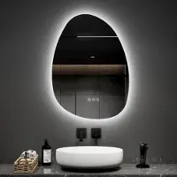 Emke Miroir de salle de bain LED avec interrupteur tactile, Miroir sans cadre avec éclairage, Asymétrique, antibuée, 3 couleurs de lumière réglables, 65 x 45 cm