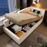 Flieks Lit hydraulique rembourré Canapé-lit 90x200cm avec fonction de recharge (USB & Type C), Lit de rangement Lit de jour avec lampe de lecture, Lit simple Velours, Beige